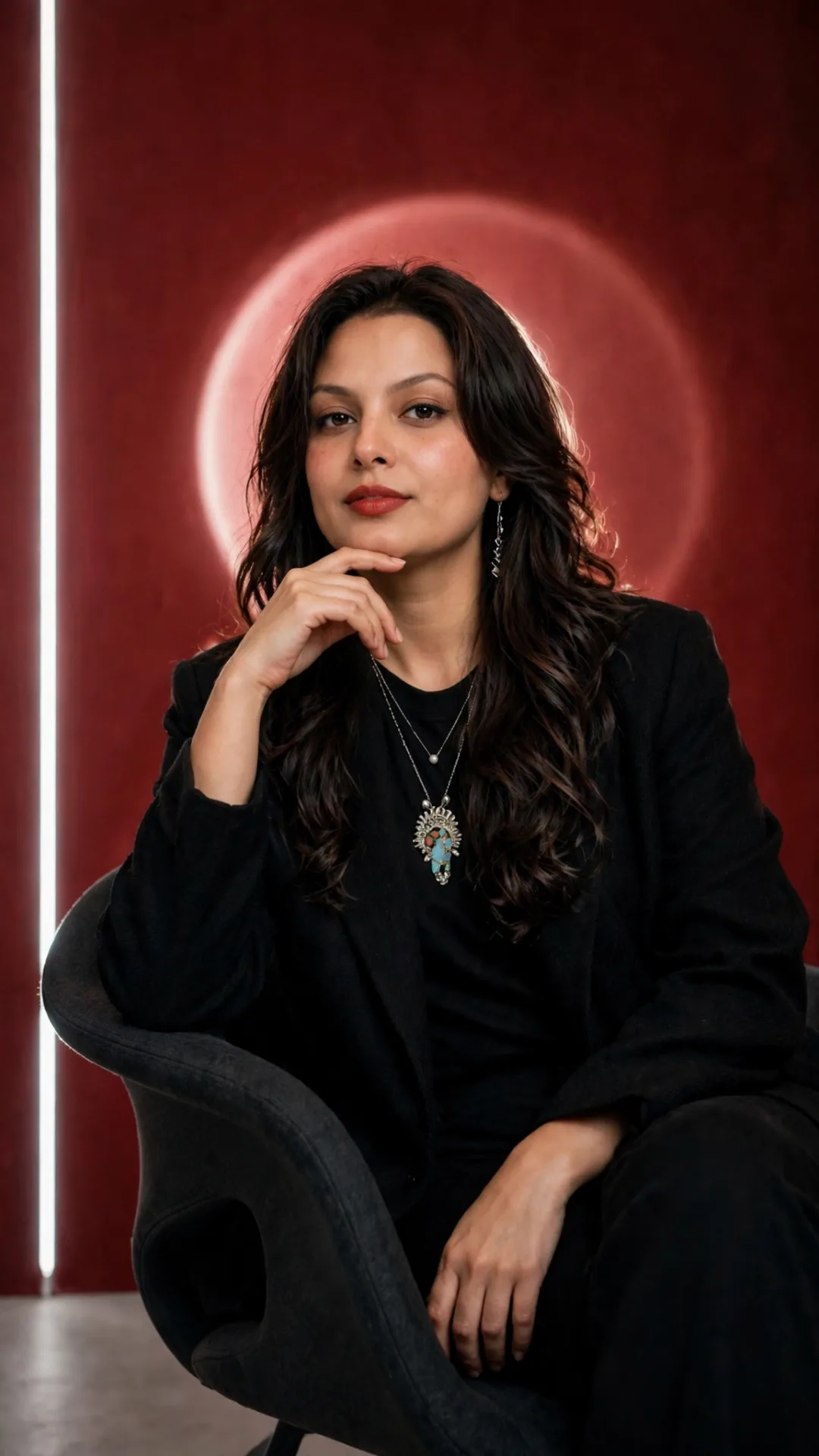 Create a completely unique, never-seen-before ultra-realistic cinematic portrait of the same woman, keep exact facial features, long wavy