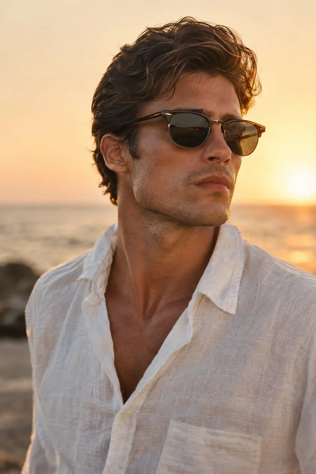Create an image Photorealistic close-up portrait of a young adult man at a beach during golden hour, captured from a slightly low