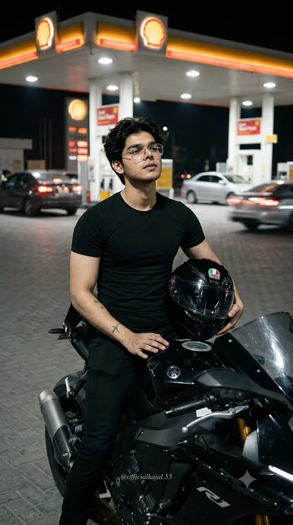 @officialkajal.55 Create a photorealistic portrait recreating the exact scene, pose, clothing, body type, tattoos, motorcycle, helmet, gas