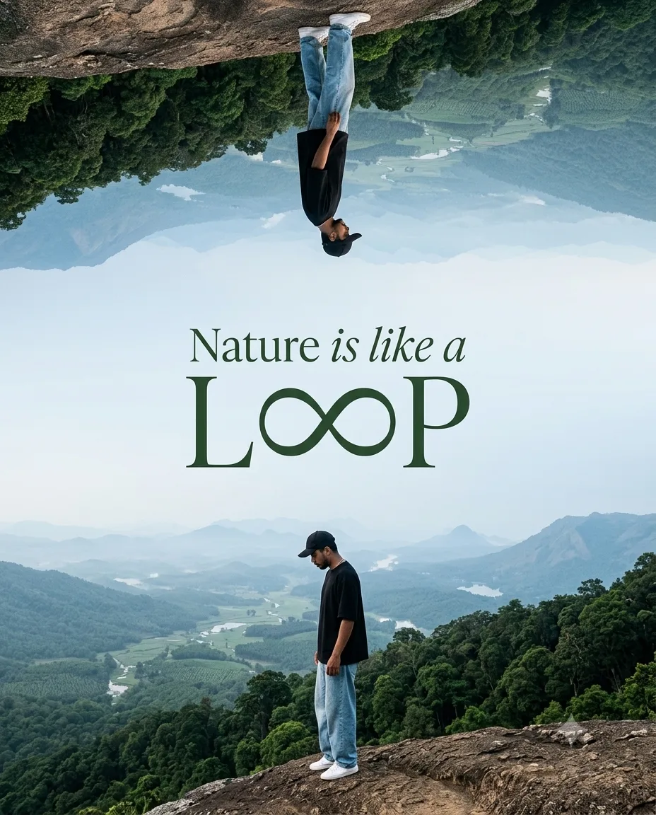 Create a surreal, philosophical, ultra-realistic cinematic nature editorial poster showing a young South Indian man standing alone on the