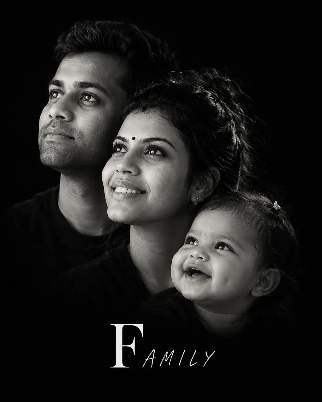 Create an elegant vertical black-and-white family portrait using the uploaded father, mother, and baby photos as strict face identity