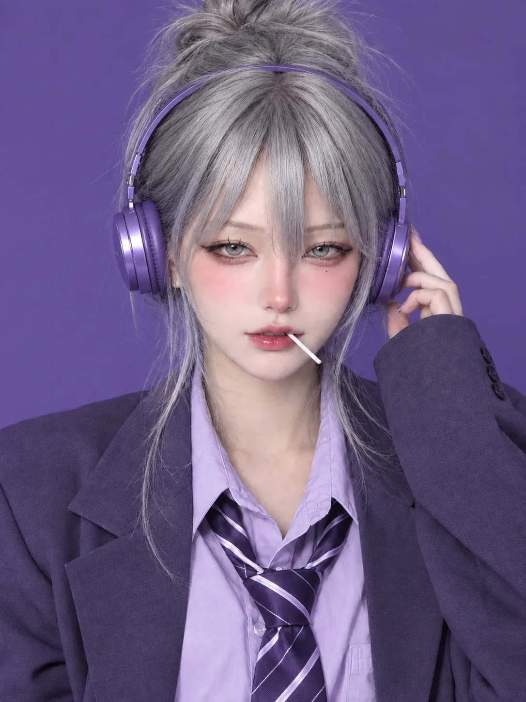 Captivating studio portrait of a young woman with a playful yet confident vibe, wearing an oversized dark-lavender blazer and a slightly