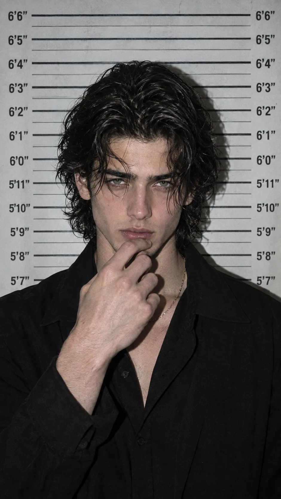 **Ultra-realistic high-fashion mugshot / police lineup portrait of a handsome young adult man standing directly in front of a forensic