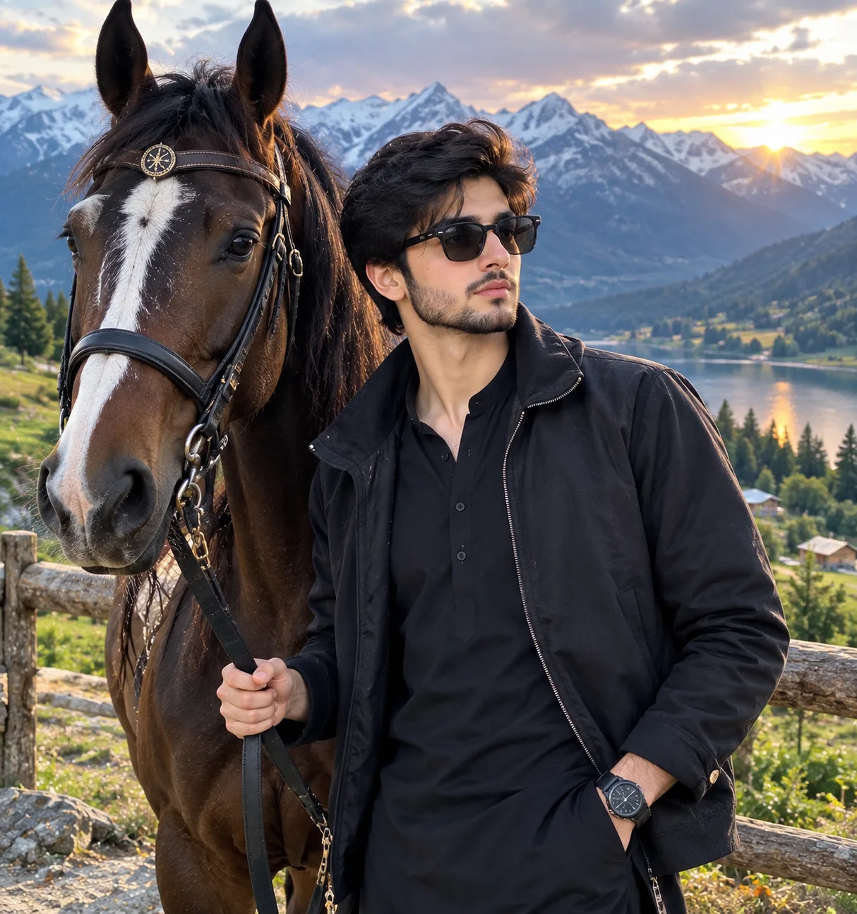 Create an ultra-realistic, high-resolution cinematic portrait of a stylish young South Asian man standing confidently beside a majestic