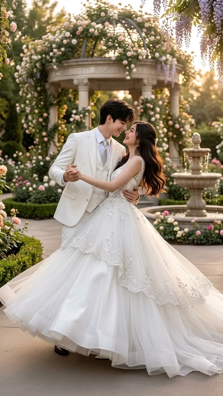 > **CONCEPT:** A whimsical, photorealistic outdoor photograph featuring the couple from `image_73.png`, retaining their exact facial