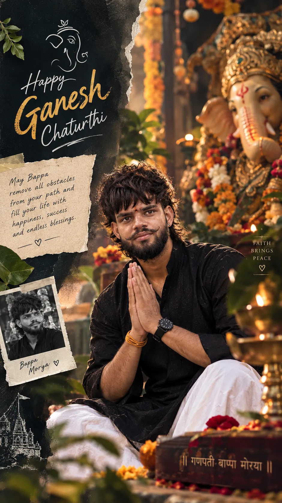 Create a highly photorealistic, premium cinematic Ganesh Chaturthi devotional editorial poster featuring ME as the main subject.