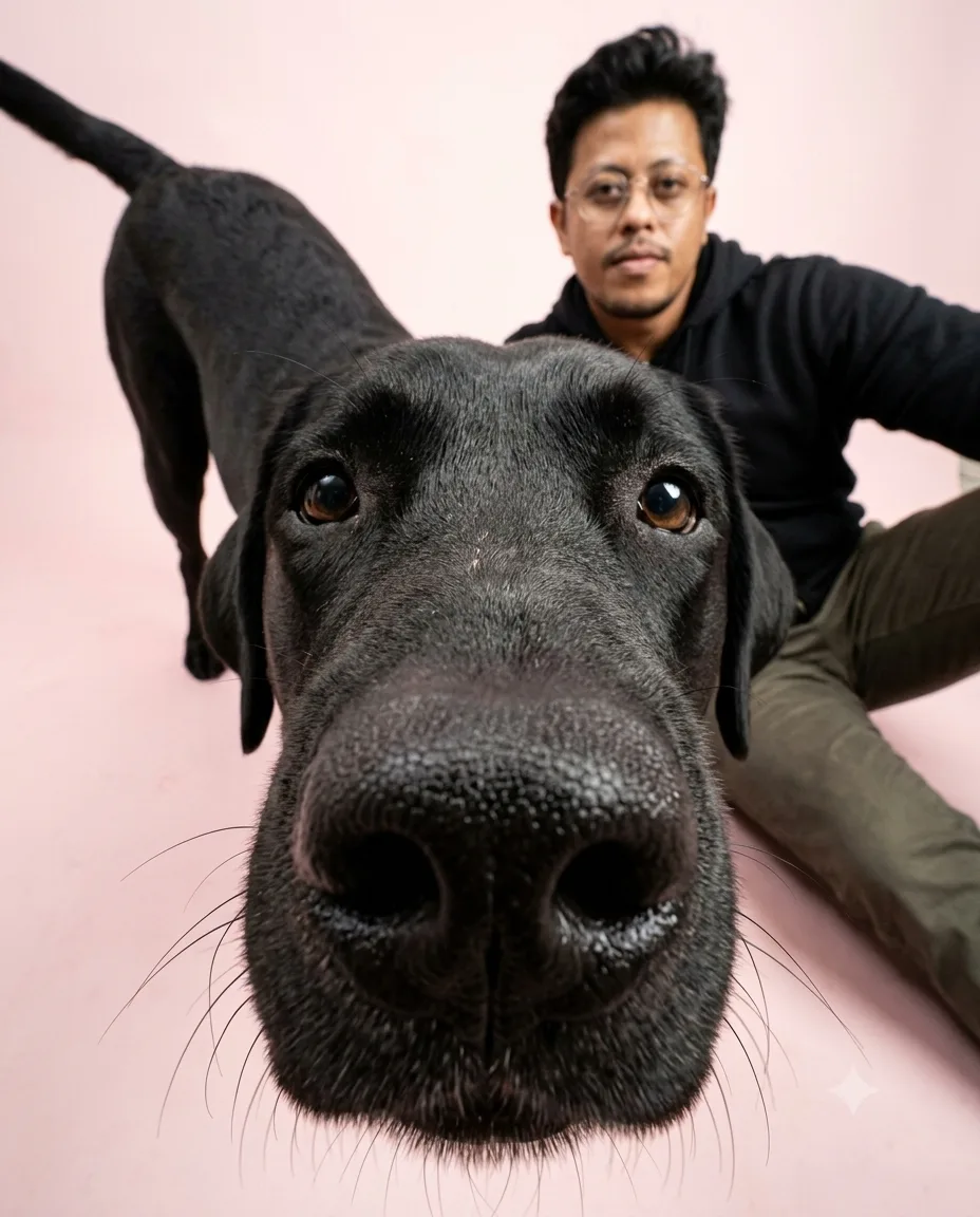 PROMPT Create an image of me in the same frame as a black labrador.