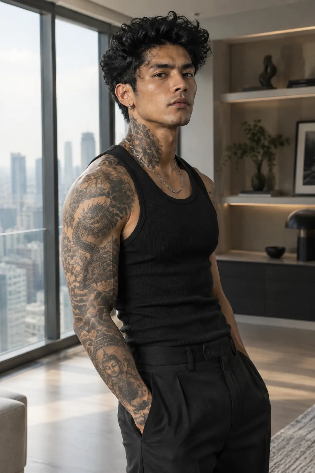 A tattooed Asian man stands in three-quarter profile inside a modern high-rise apartment, one hand tucked into tailored dark trousers while