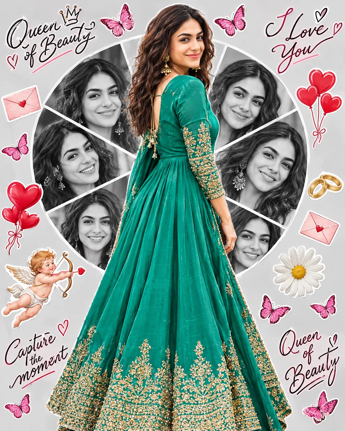 A creative collage poster featuring a full-body cut-out of a beautiful young South Asian woman in the center, wearing a vibrant teal green