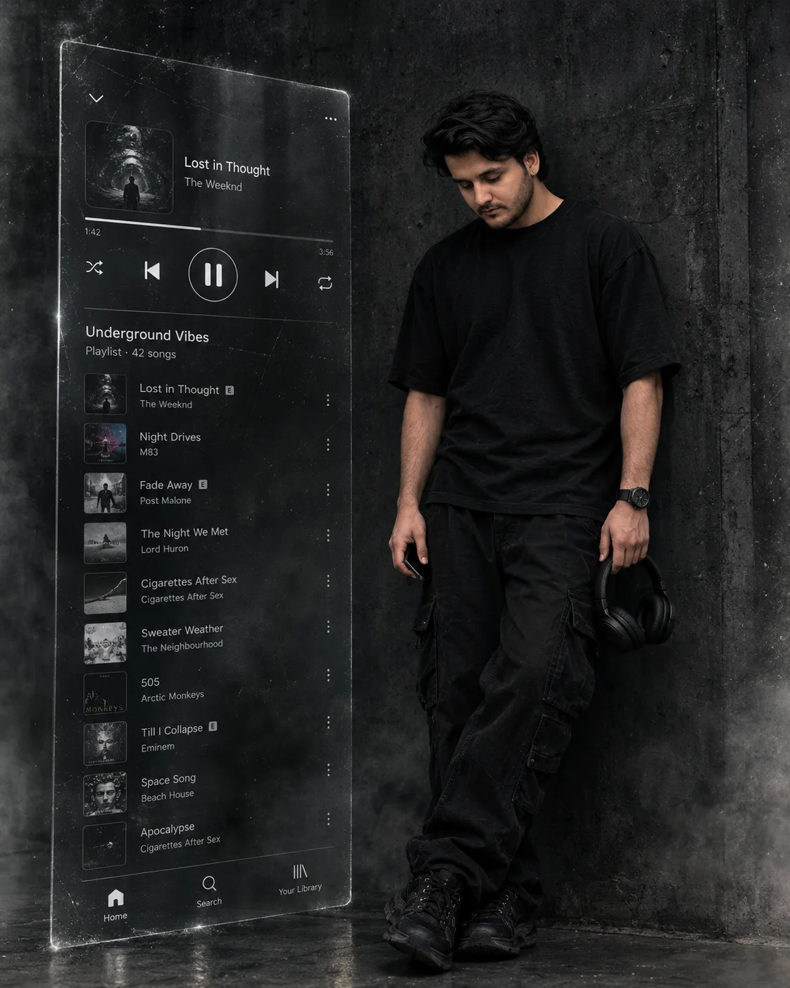 Dark dystopian editorial portrait of a young man standing against a raw charcoal-gray concrete wall, head lowered, wearing an oversized