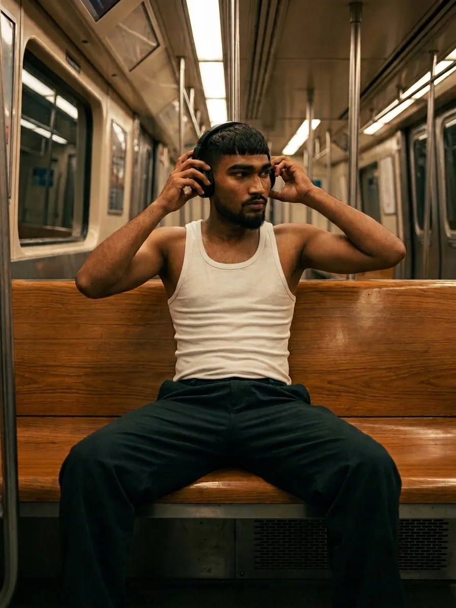 Create a photorealistic cinematic portrait photograph of a young South Asian man seated alone inside an old-fashioned subway/train