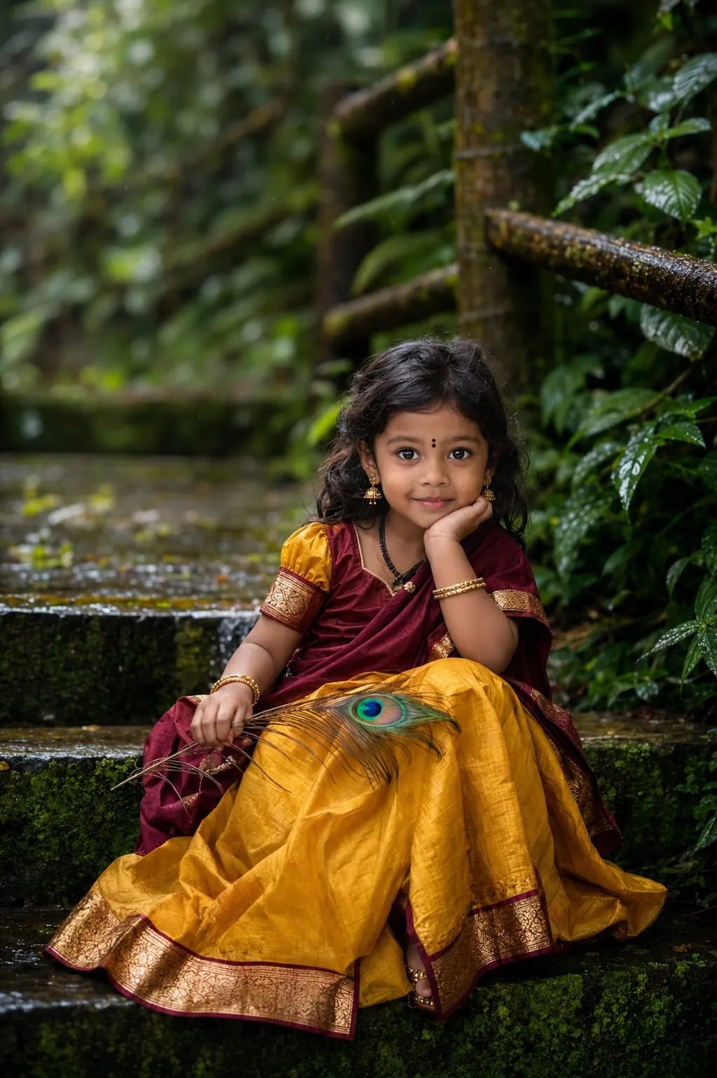 Ultra-realistic cinematic portrait of the same adorable 3-year-old Indian girl with long wavy black hair, expressive brown eyes, soft