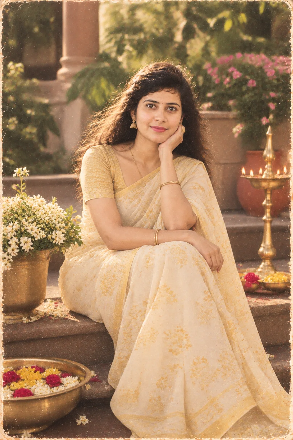 Create an ultra-photorealistic, elegant nostalgic Indian portrait using the uploaded woman as the strict identity reference.