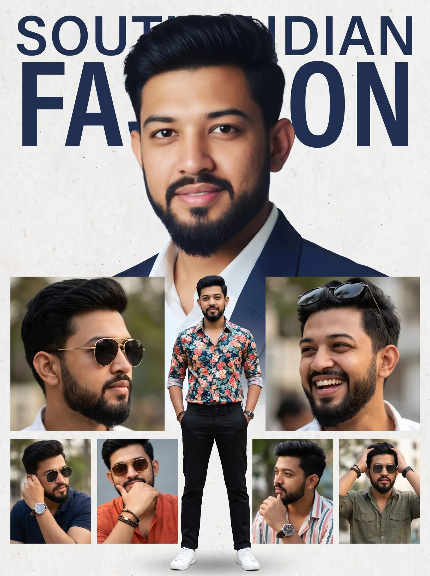 Ultra-realistic South Indian fashion collage poster featuring the same young man in multiple stylish poses.