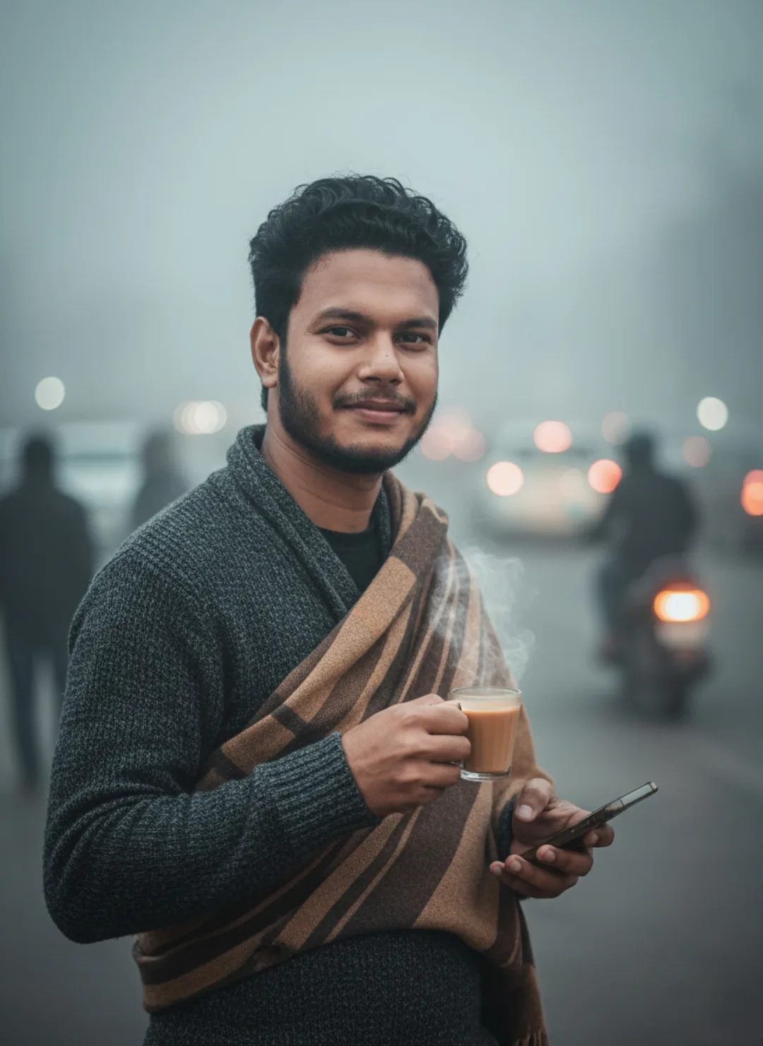 > A realistic, cinematic medium portrait of a young South Asian man with a warm smile, standing outdoors on a foggy, misty street during
