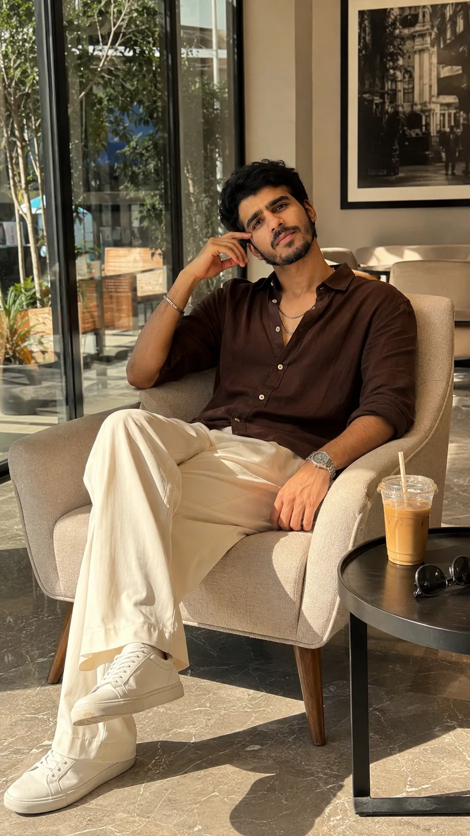 I am sitting in a modern light-beige lounge chair inside a stylish contemporary café or hotel lobby.