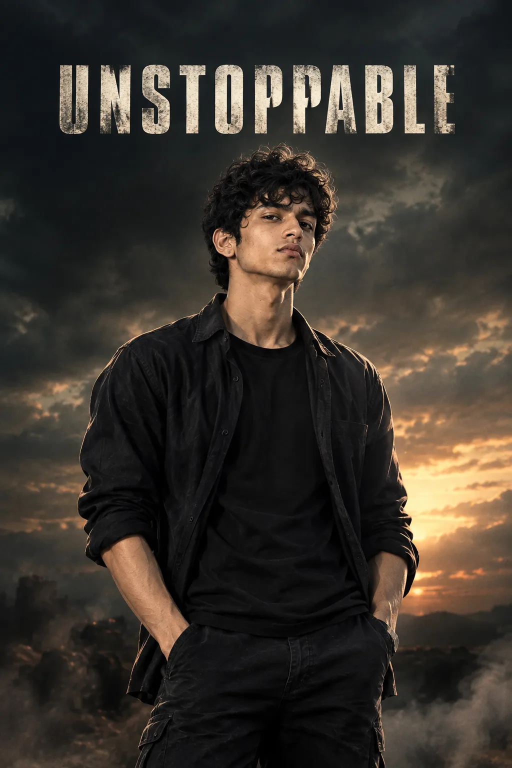 Ultra realistic cinematic movie poster style photograph of a young man, shot on a real DSLR camera.