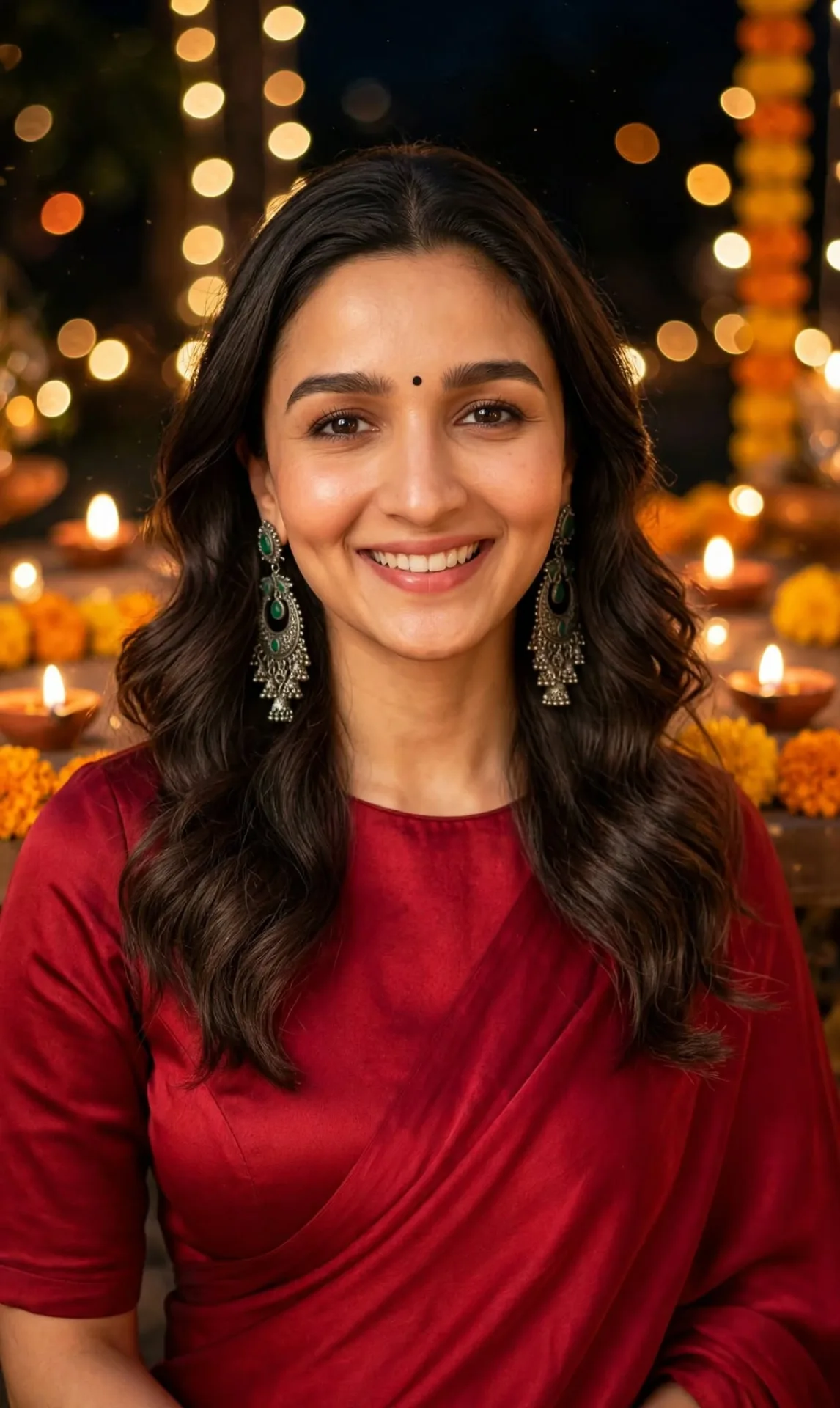 Portrait of a beautiful Indian woman with long wavy dark hair, wearing a deep red saree and silver jhumka earrings with green stones, small