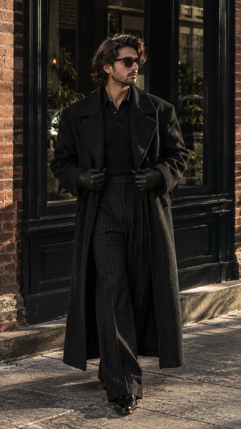 **Ultra-realistic full-body cinematic fashion photograph of a young adult man standing confidently on a city sidewalk outside a