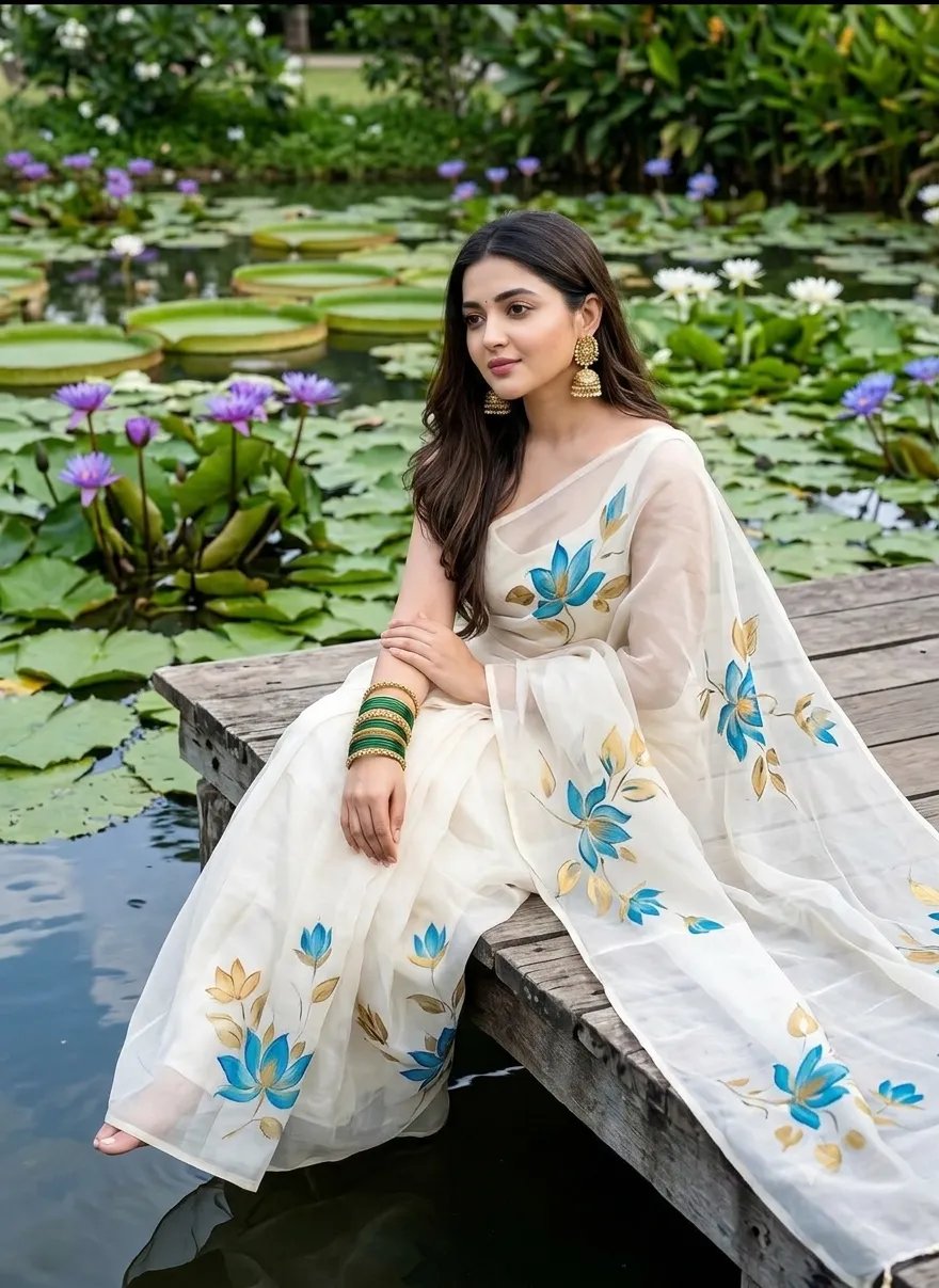 Create an image sits gracefully on a wooden pier, posing against a serene backdrop of a pond filled with large green lily pads and blooming