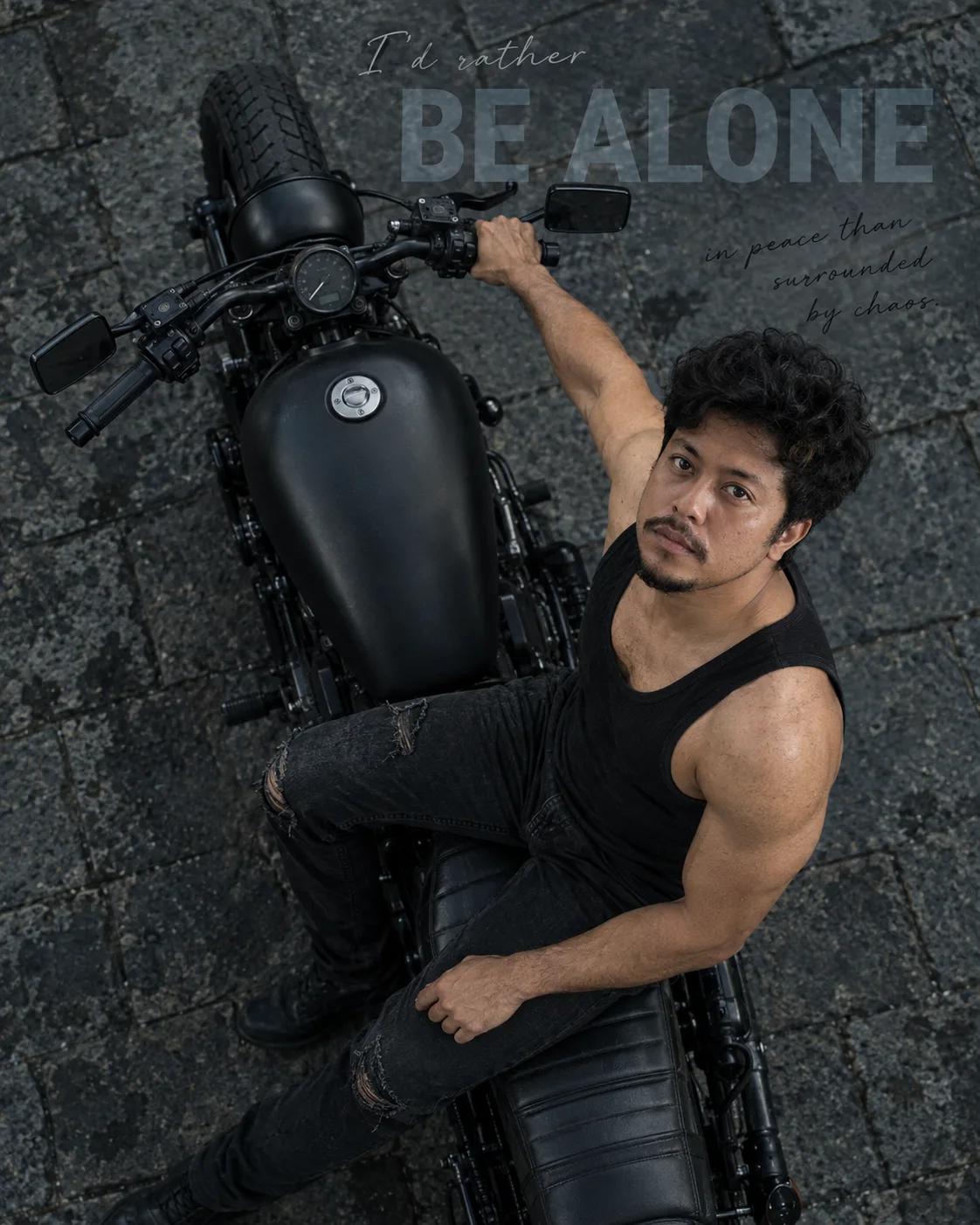 Create an ultra-realistic cinematic overhead motorcycle fashion portrait of a handsome, athletic South Indian man in his late thirties