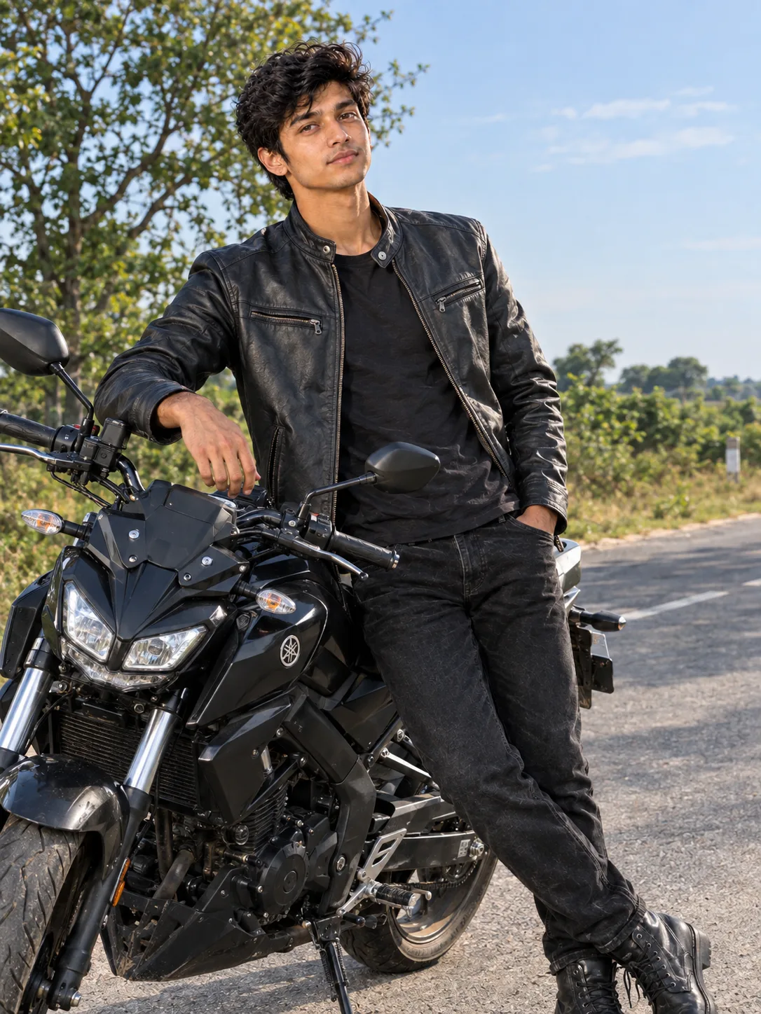 Ultra realistic photograph of a young man standing next to a motorcycle with strong attitude pose during daytime, shot on a real DSLR