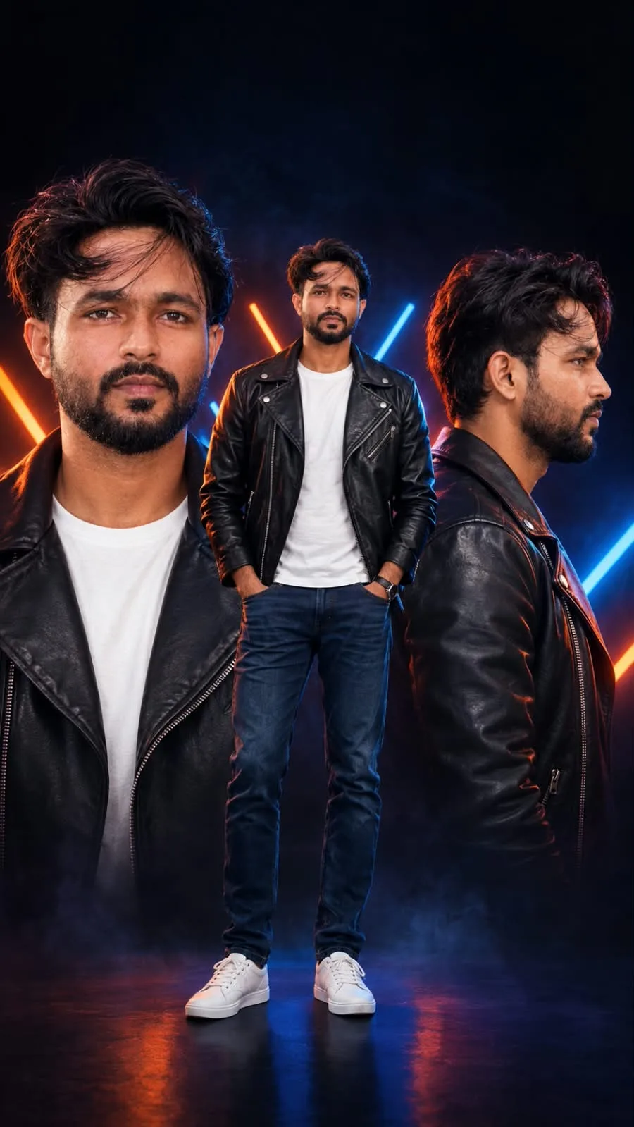 Create an ultra-photorealistic, high-end cinematic vertical 9:16 fashion portrait collage, closely recreating the uploaded reference