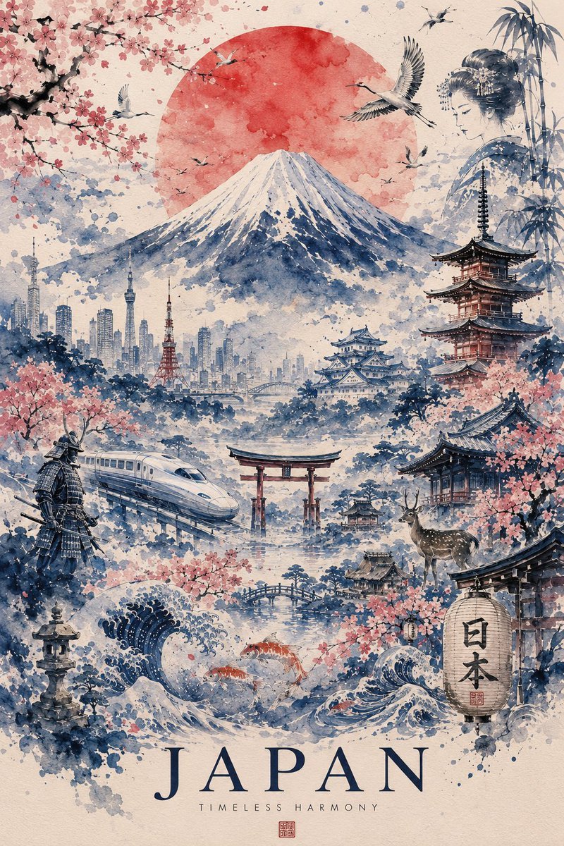 Created with GPT Image 2.0 on ChatGPT Prompt: Ultra-detailed watercolor travel poster of Japan, painted in a refined traditional Japanese