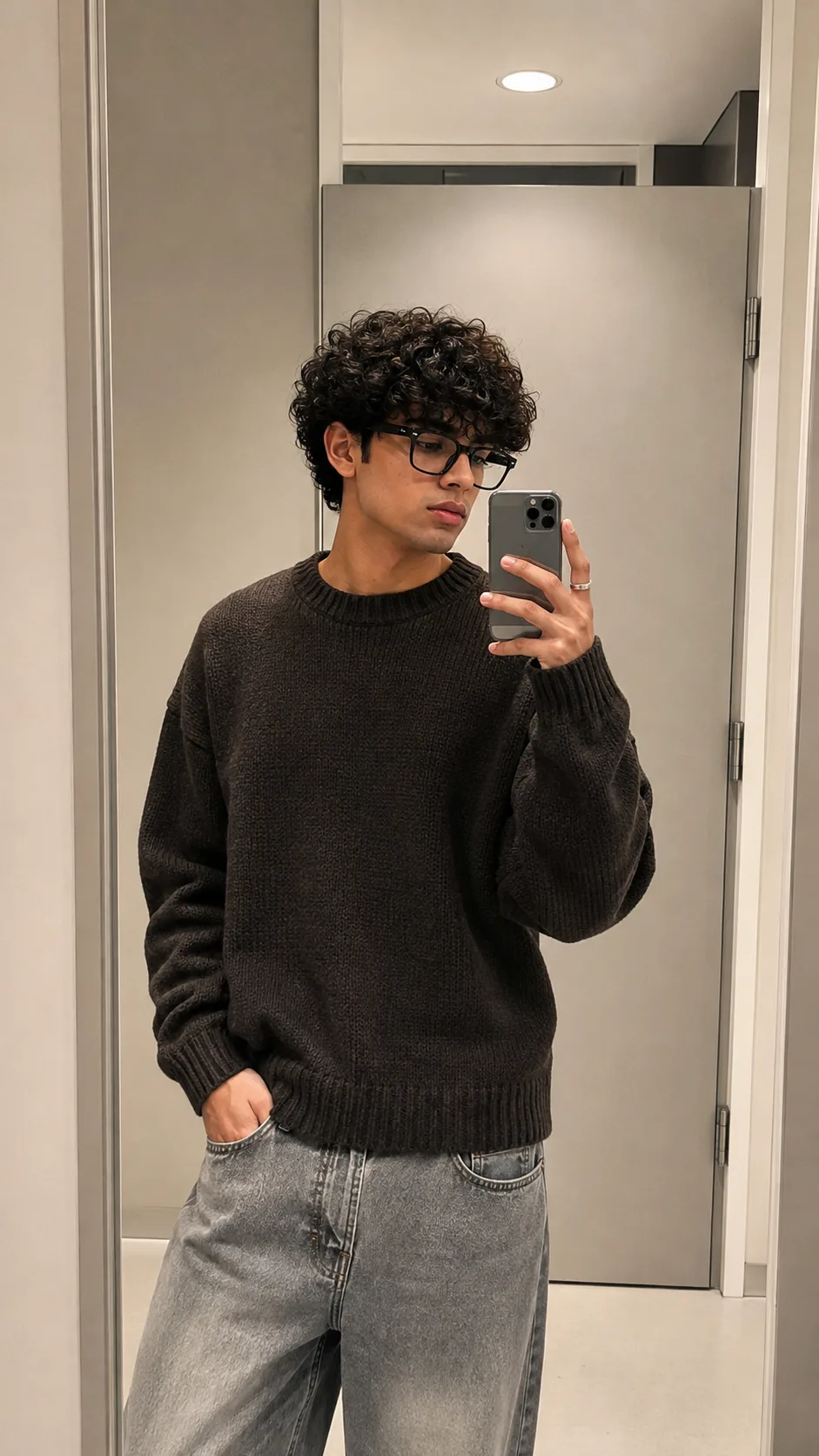 Create an **ultra-realistic, premium contemporary fashion mirror-selfie portrait** closely matching the reference image in composition,