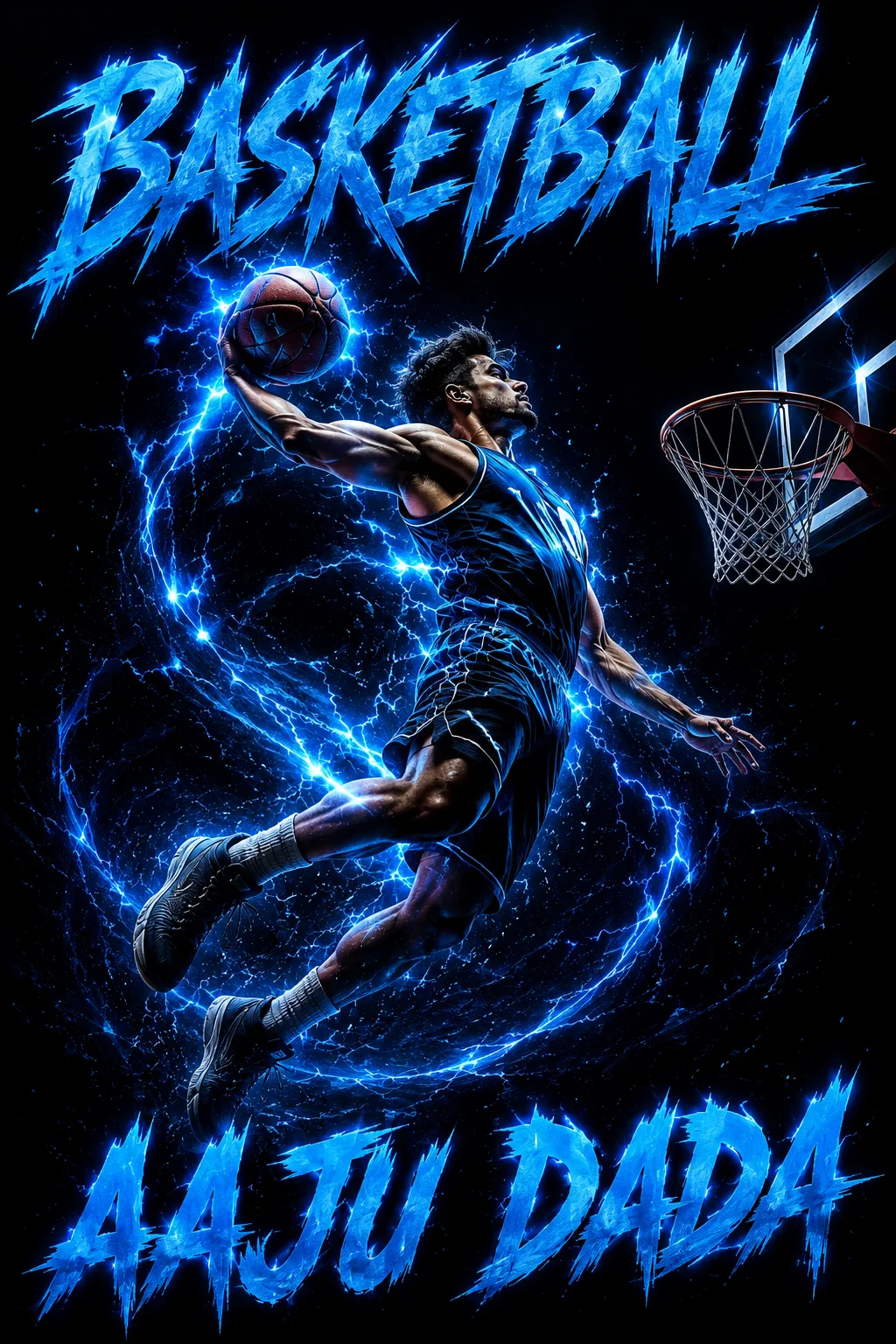 Create an ultra-realistic cinematic sports poster featuring a male basketball player in a powerful C-shaped mid-air pose while attempting a