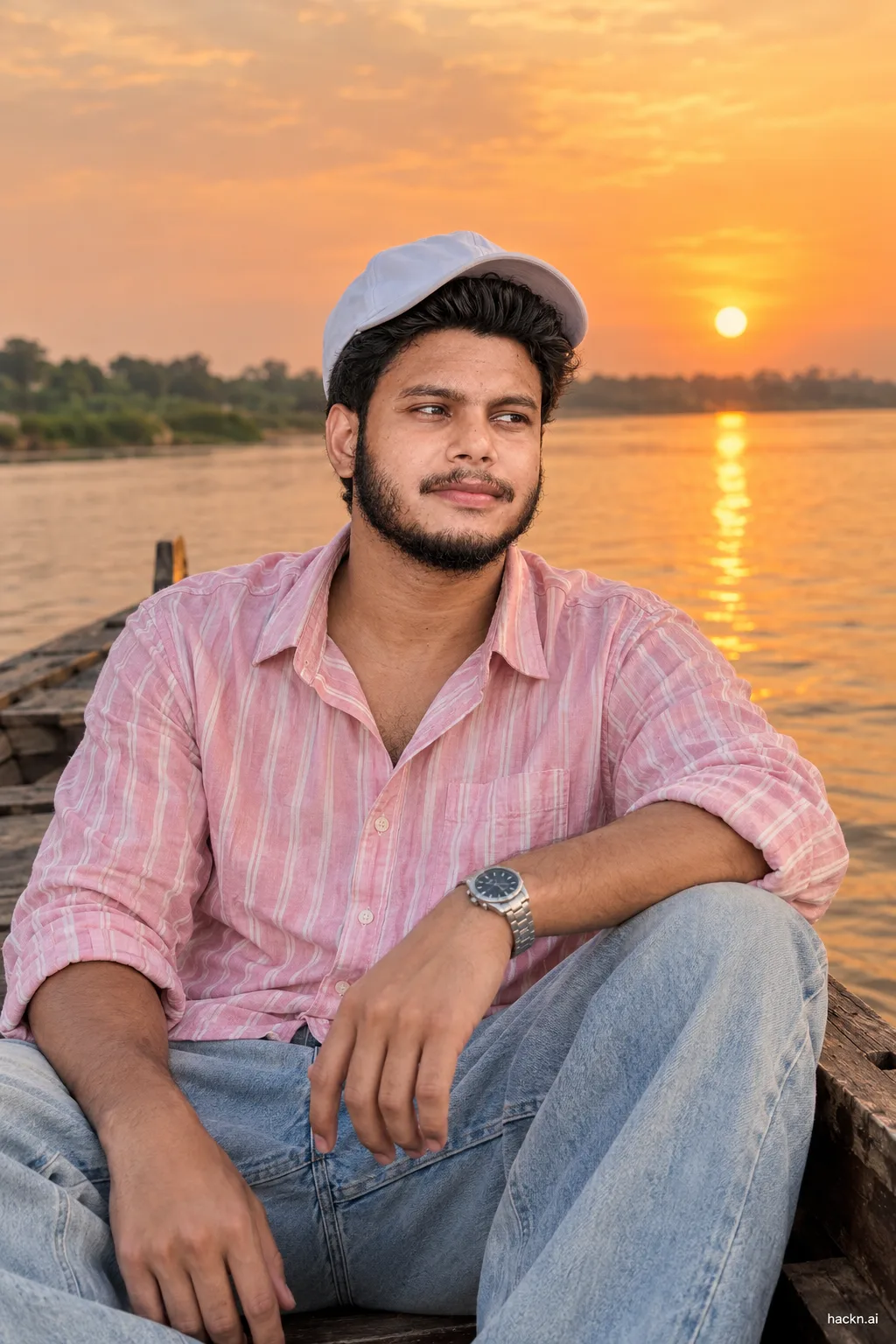 Realistic photo of a young South Asian man sitting on a wooden boat at sunset, wearing a light-pink striped shirt, light-wash baggy jeans,