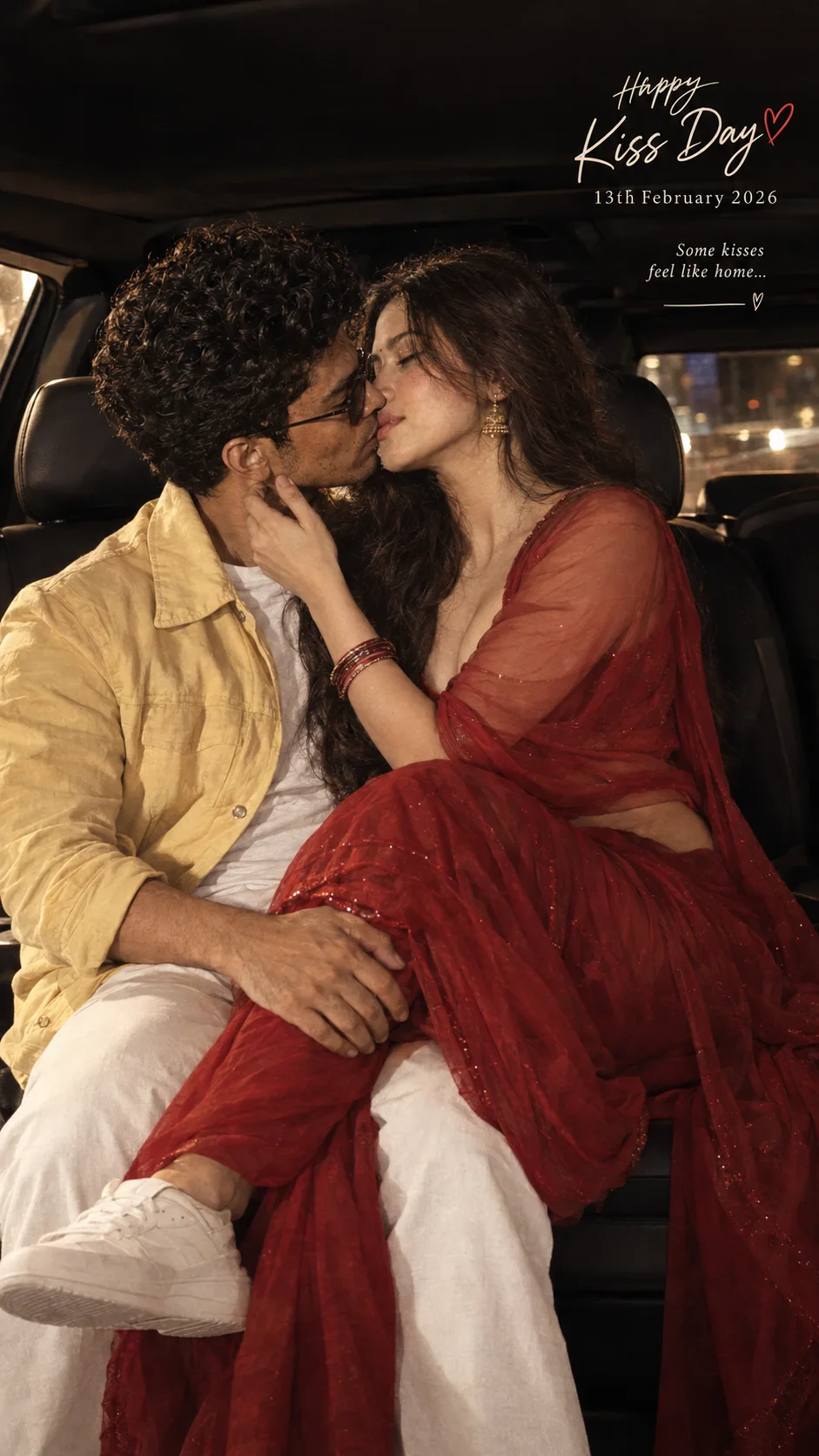 Use this attached photo to create a realistic Kiss Day 2026 image of a young couples for International Kiss Day February 13th having a