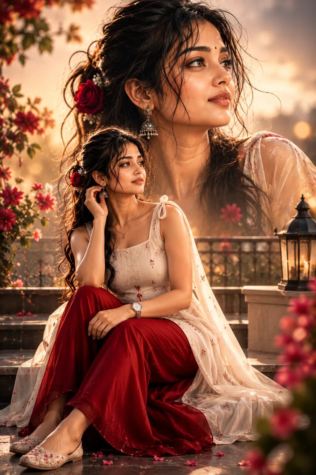 Cinematic Bollywood photo (2:3), full body girl as uploaded in red palazzo and white sleeveless kurti tied at shoulder, hair open with rose