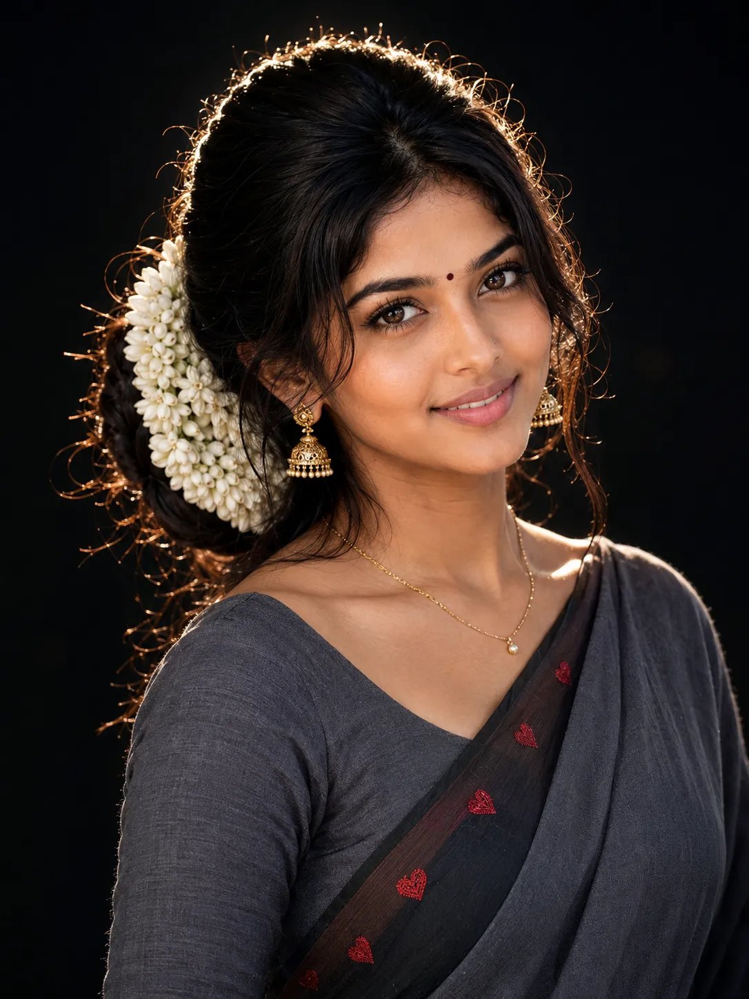 Stunning 😍 🖤☺️ Create an 8K Ultra-HD, Hyper-detailed, Photorealistic close-up portrait of a beautiful young South Indian woman with