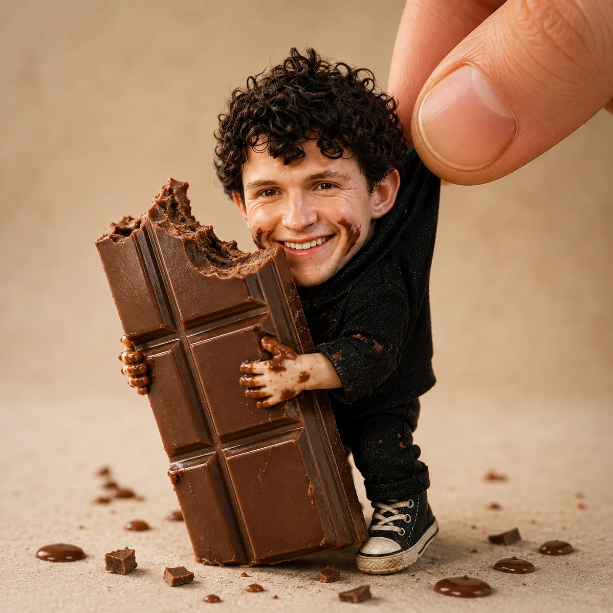 Cute Collectible Tom Holland Doll Holding Giant KitKat | Hyper-Realistic AI Prompt