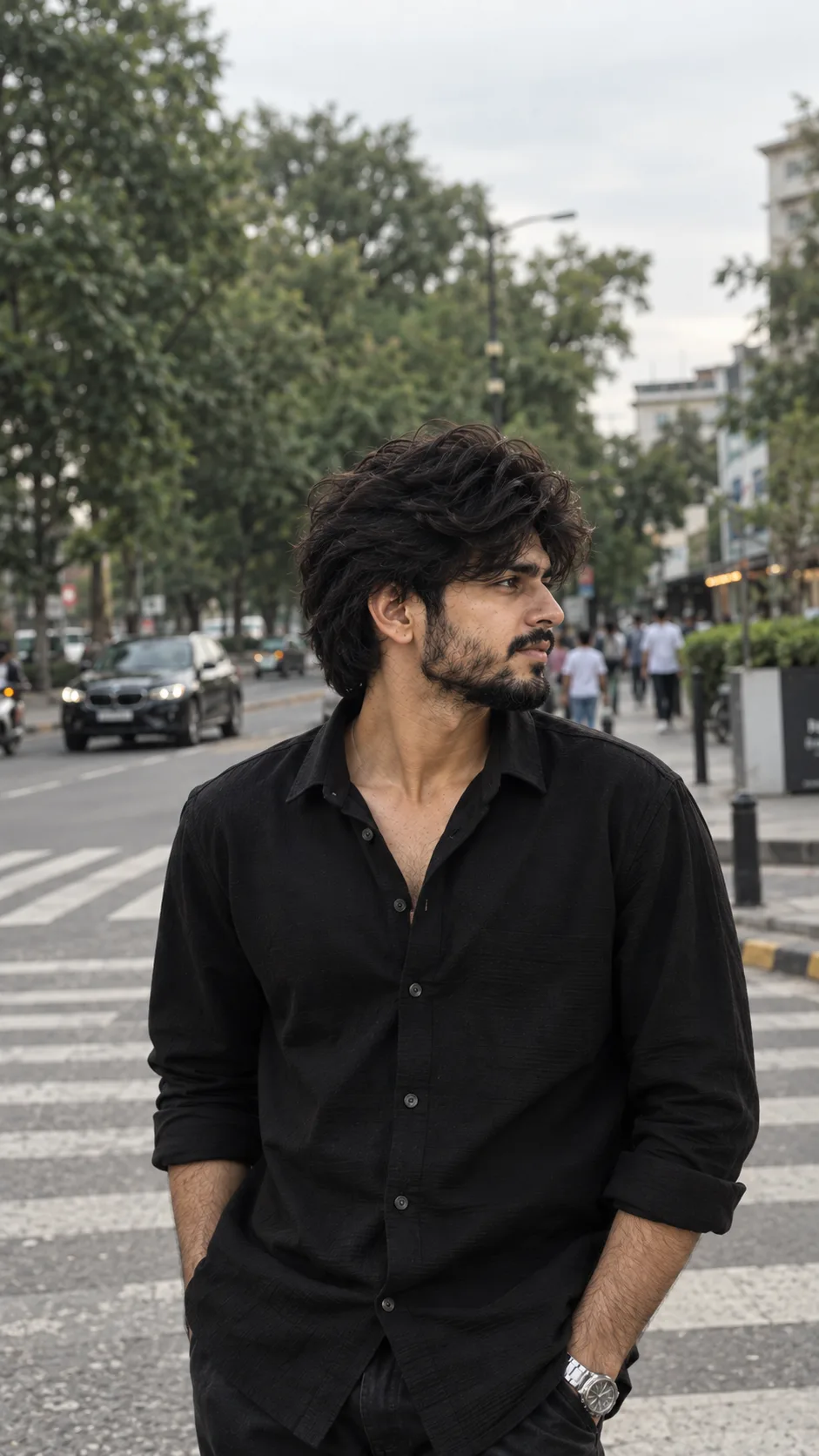 ❣️🎀 Photo Prompt "A high-quality, realistic street photograph of a young Indian man with a well-groomed, long, dark beard and voluminous,