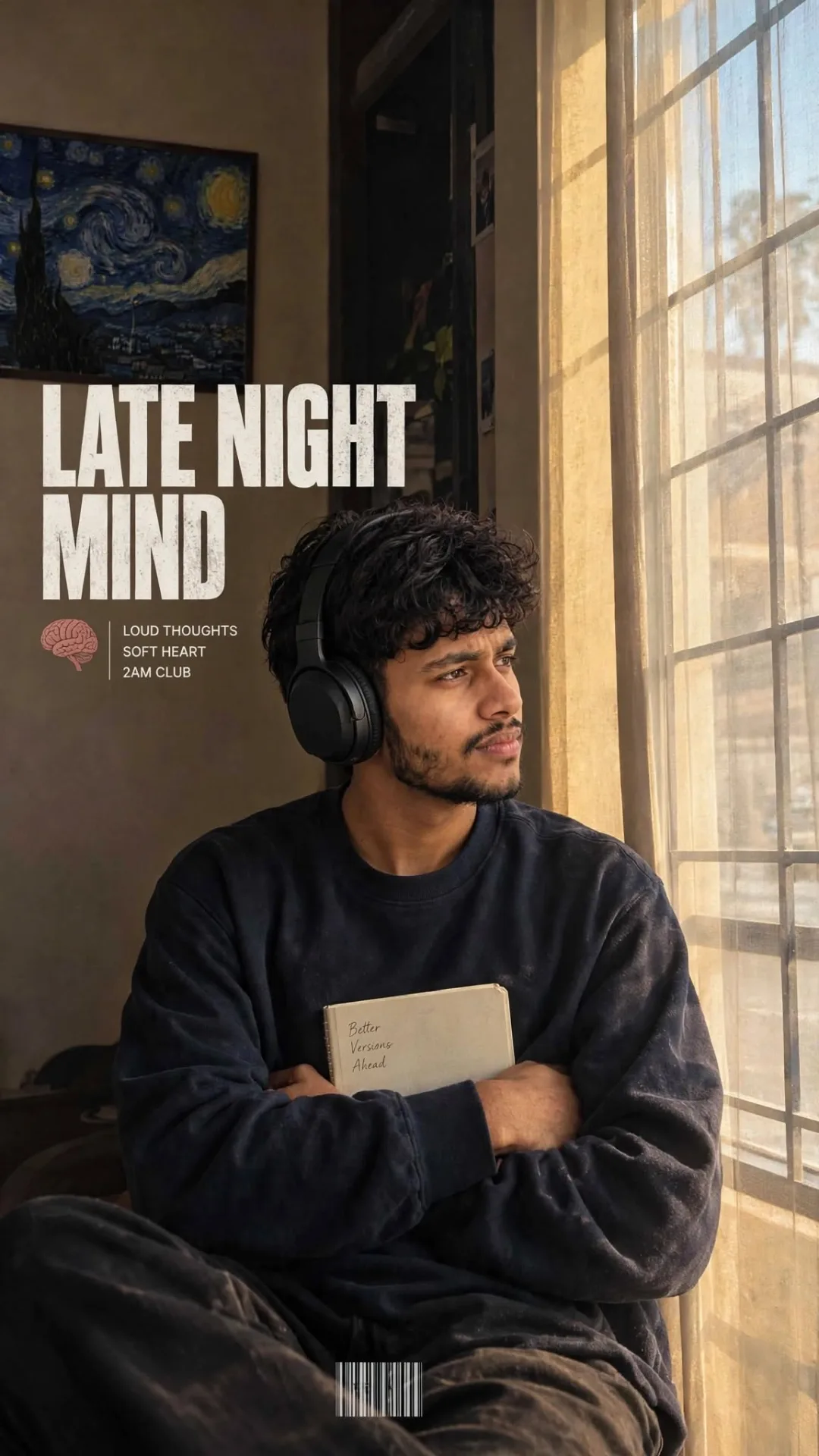 Cinematic portrait poster of a young man with curly hair wearing black headphones and a dark sweatshirt, sitting by a sunlit window with