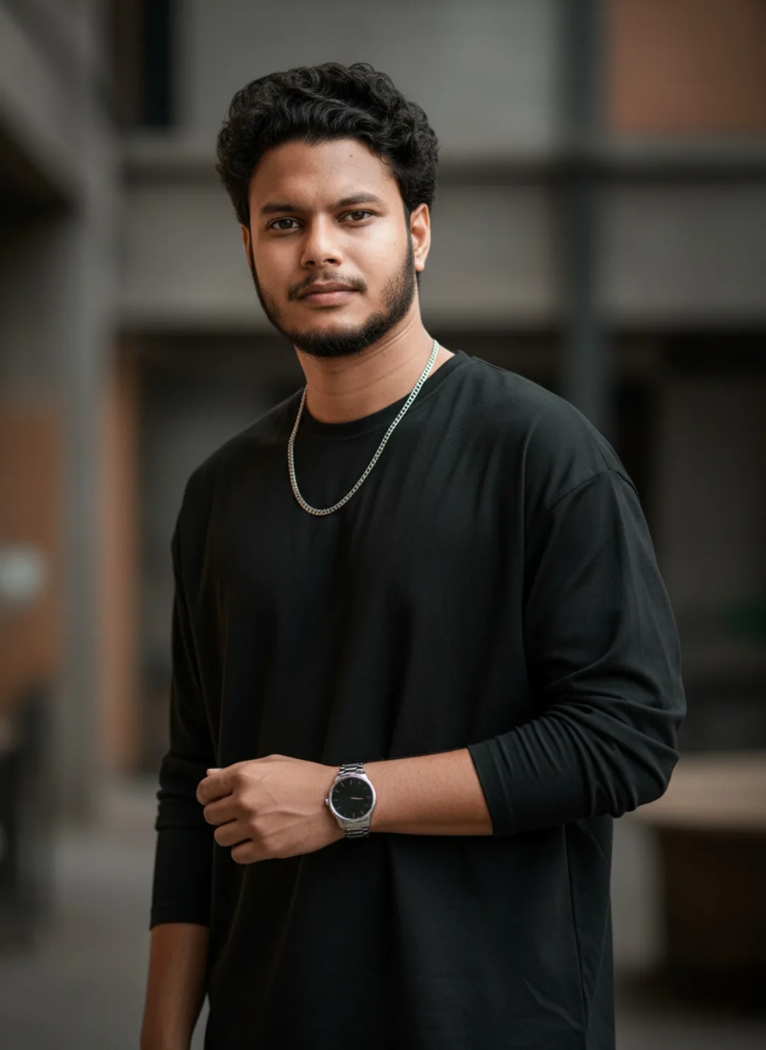 A professional medium-shot portrait of a 26-year-old South Asian man with curly black hair, a neatly trimmed beard, and a confident