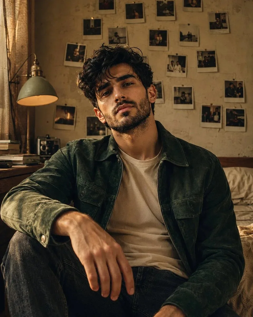 Ultra-realistic cinematic editorial portrait of a strikingly handsome young man in his early 20s, seated casually in a cozy vintage