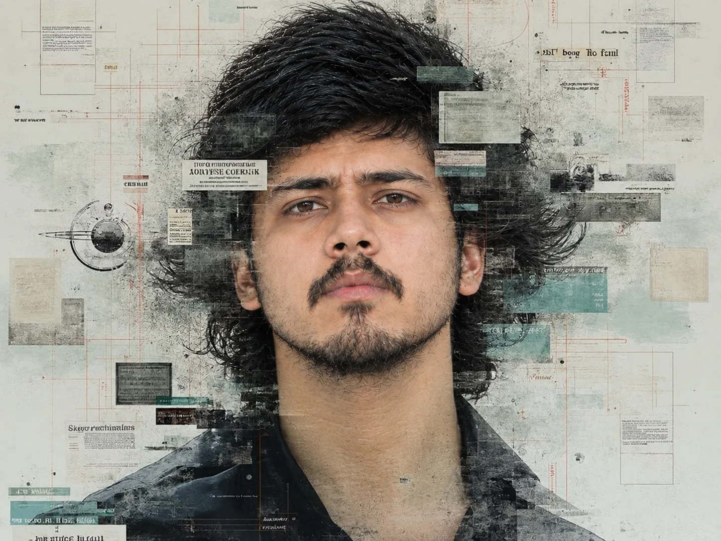 Create a high-fashion conceptual editorial portrait of a young South Asian man, using the reference image for the face, hairstyle, pose,