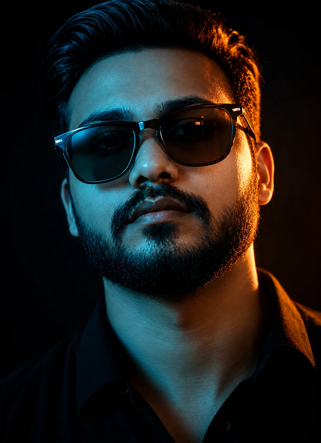 Create an image Ultra-realistic cinematic close-up portrait of a young man wearing a Sunglasses.