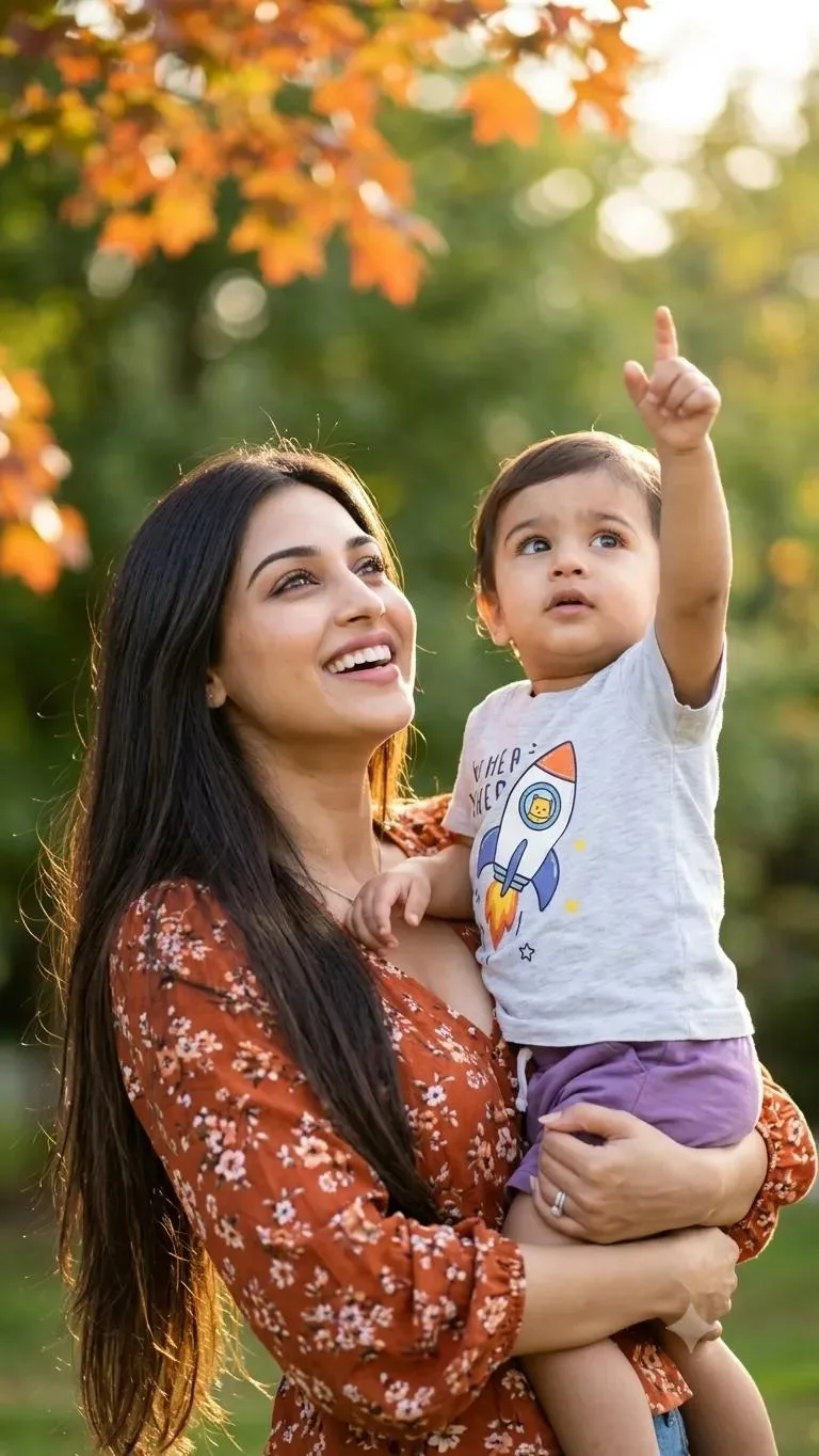 A loving mother holding her young toddler outdoors.