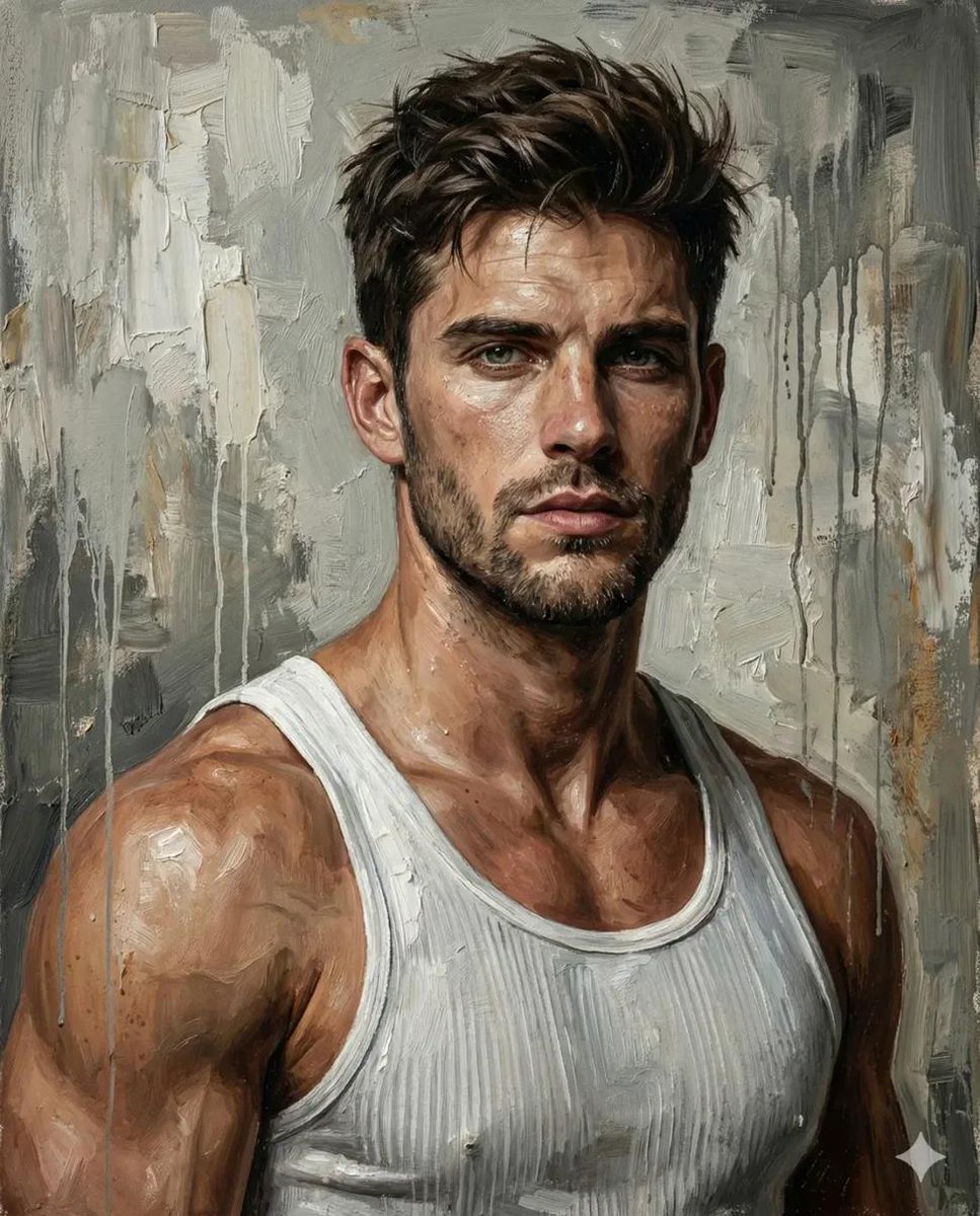 A high-contrast oil painting of a rugged, athletic man wearing a white ribbed tank top.