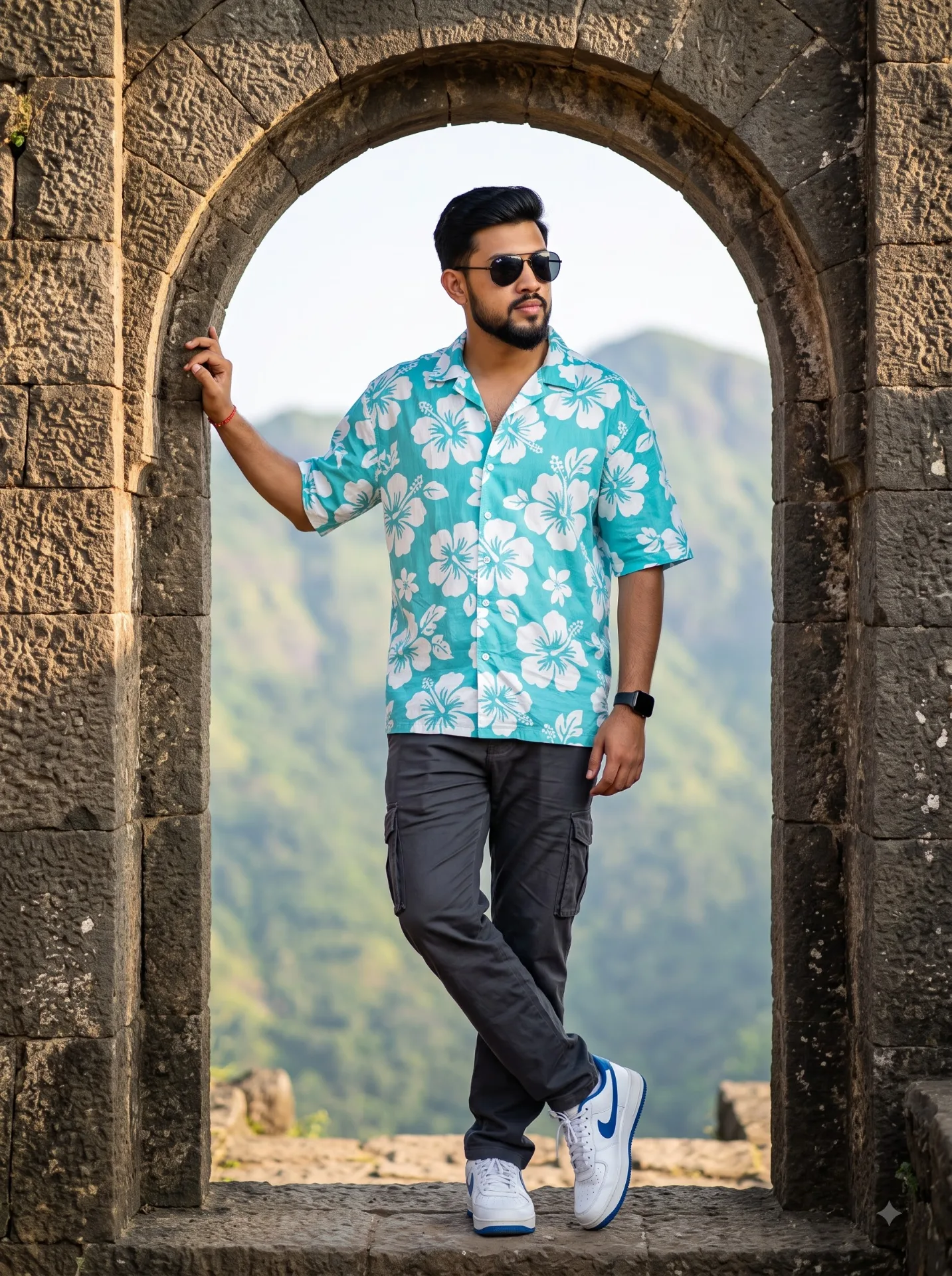 Generate A Hyper-realistic Cinematic Portrait Of The Uploaded Handsome Man Standing Crossed Leg Confidently Inside An Ancient Stone Arch