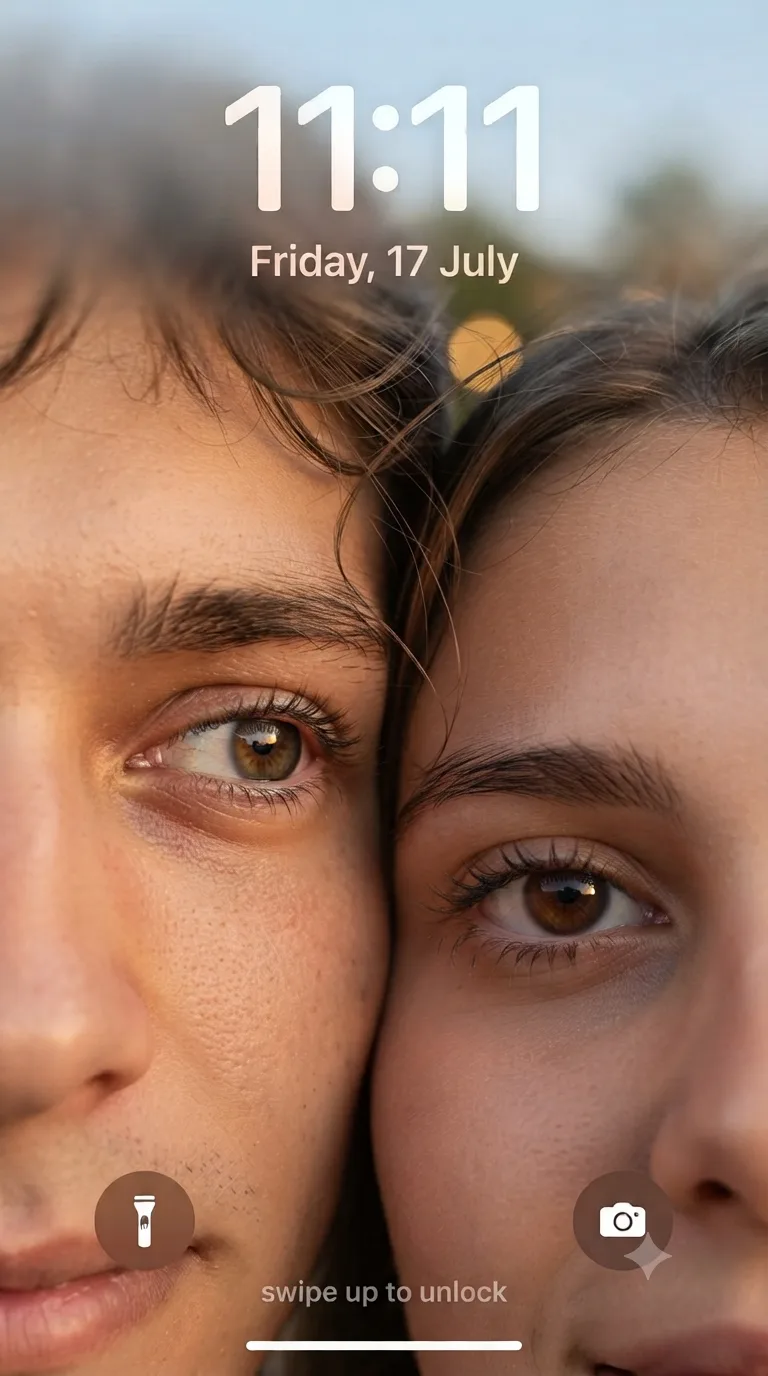 Ultra-realistic iPhone lockscreen wallpaper, extreme close-up of couple faces, only one eye each visible - boy eye fully open, girl eye