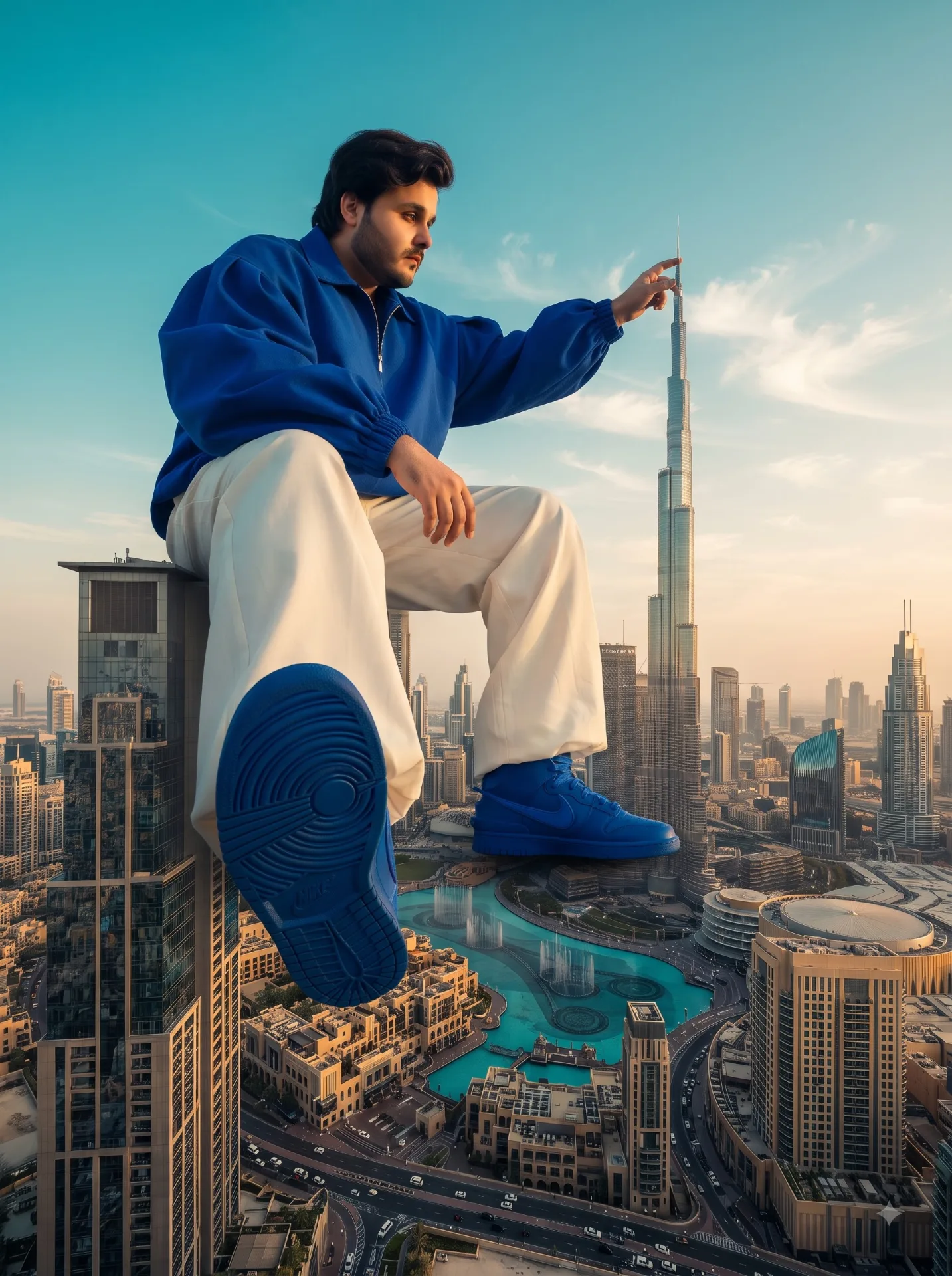 Epic cinematic surreal fashion editorial, monumental giant-scale photography in Dubai, a colossal person sitting casually high above