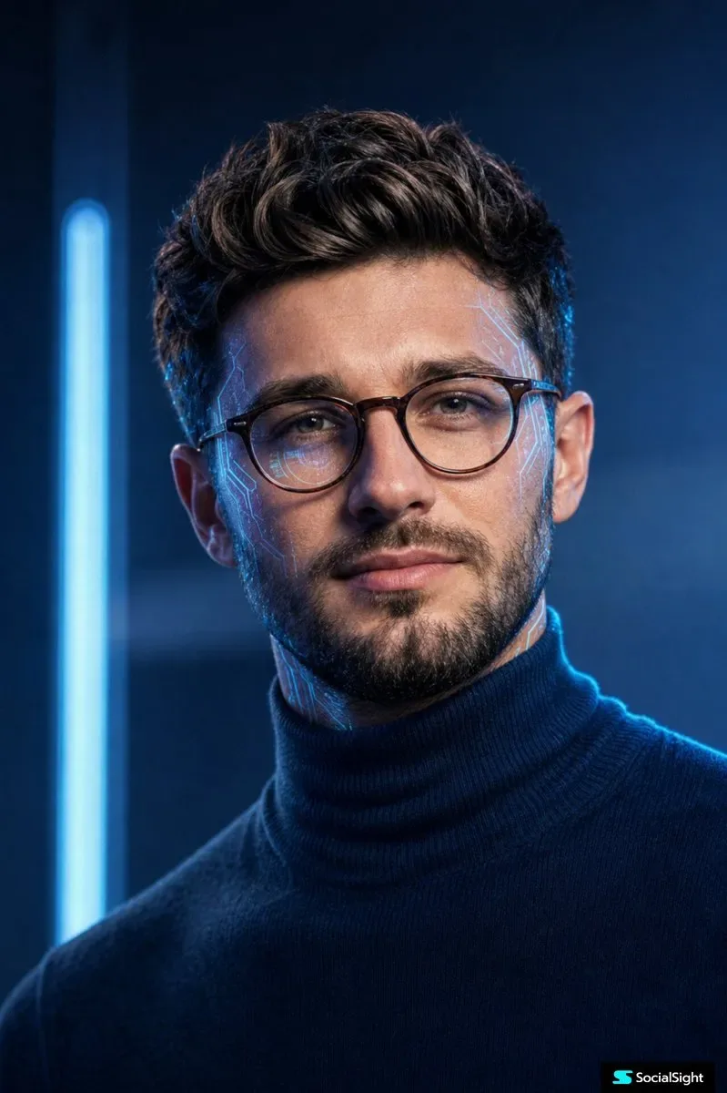 A cinematic ultra-realistic portrait of a modern intellectual in a sleek futuristic blue-toned studio.
