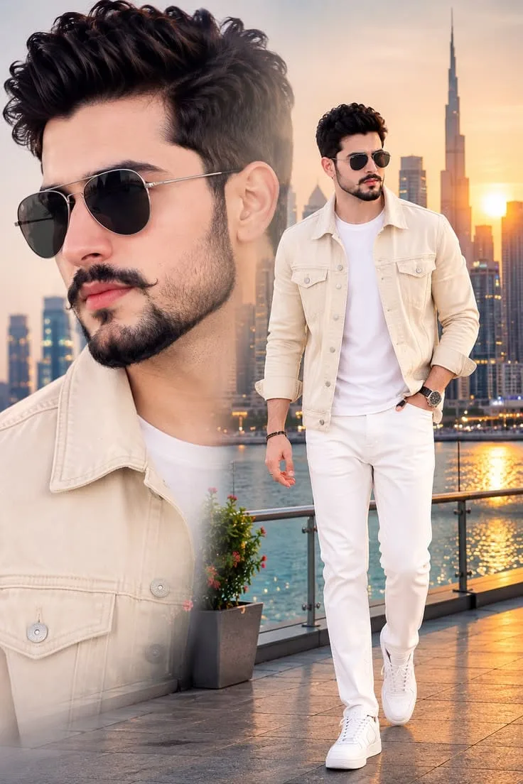 A premium dual-pose fashion poster of a stylish young man in Dubai during sunset.