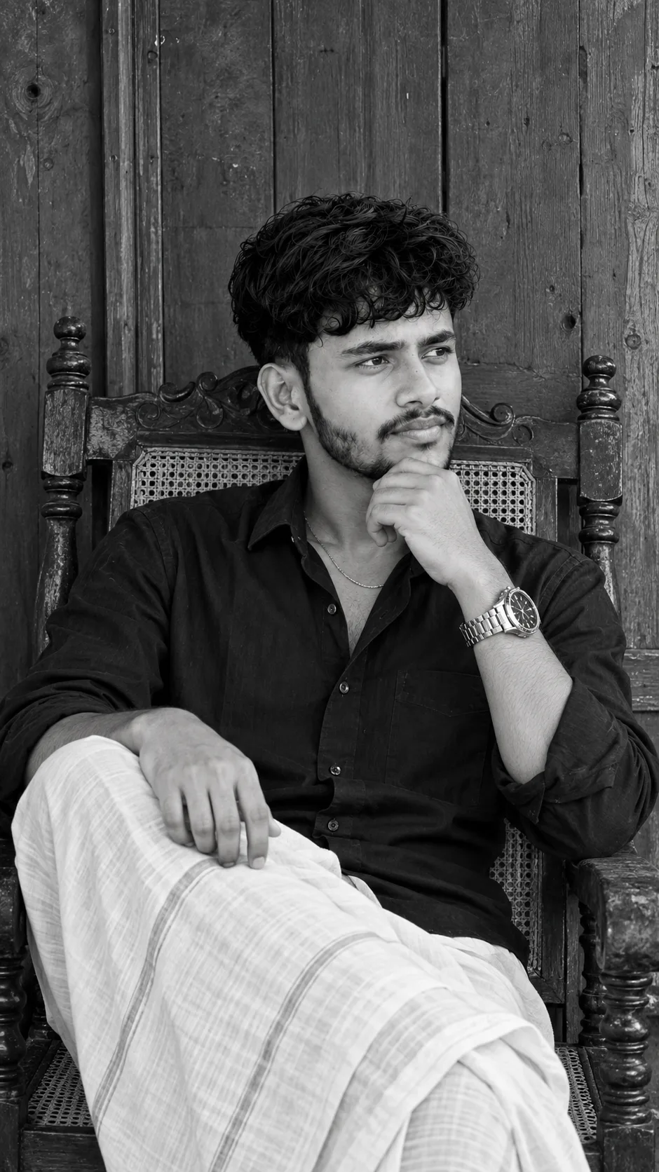 Ultra-realistic 8K DSLR monochrome portrait, recreated strictly from the uploaded reference.