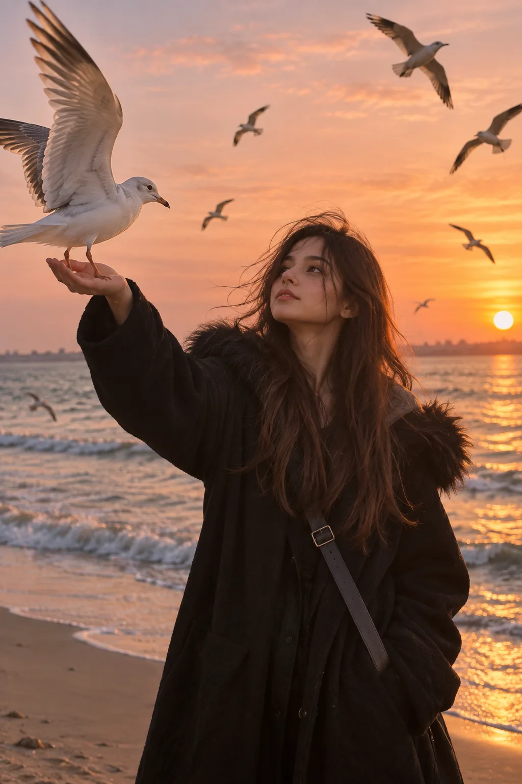 Cinematic portrait of a young woman standing on a beach at golden hour, long brown hair blowing in the wind, wearing an oversized black